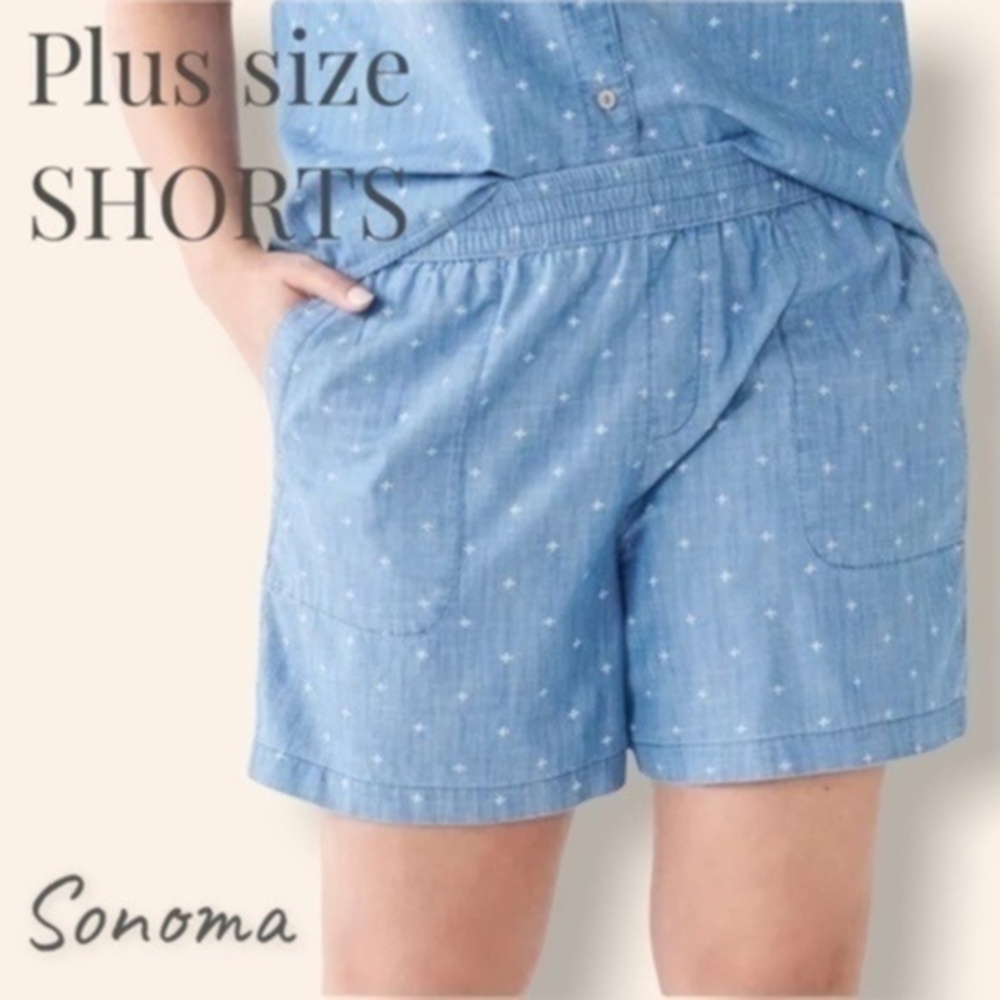 SONOMA Plus Size 5” Inseam MidRise Easy Pull-On Shorts in Chambray Dot NWT/2x